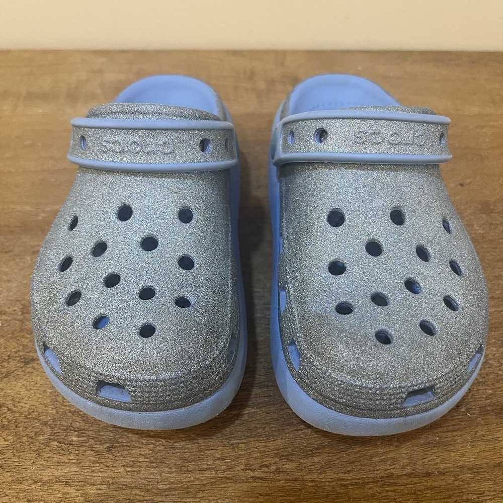 Crocs Kids C13 Platform Clogs Blue Glitter Classic Comfort Strap Slip‎ On Shoes